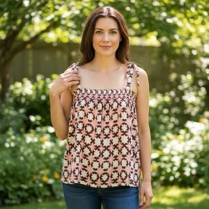 LOFT Geometric Print Linen blend Smocked Swing Tank Top Pink White Brown Size L